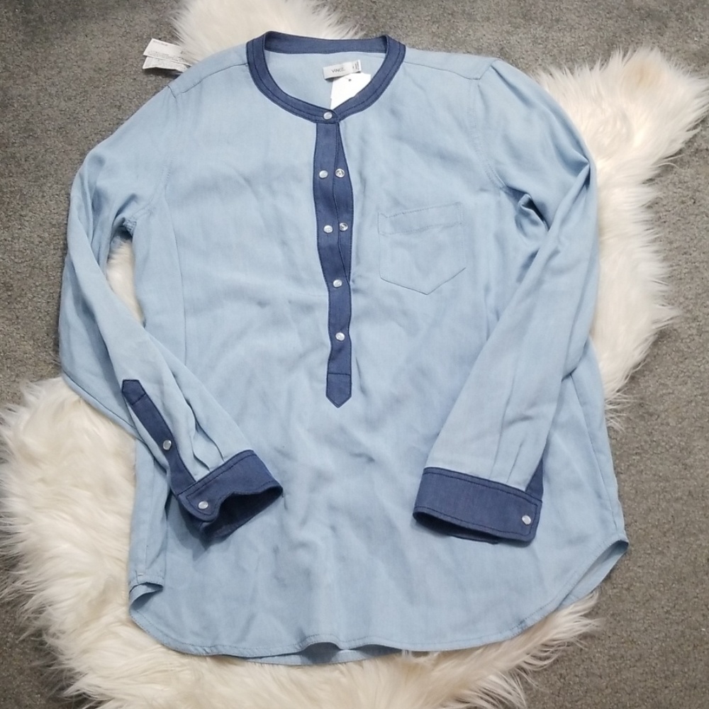 Vince Color Block Chambray Shirt With Pearly Snaps - image 5
